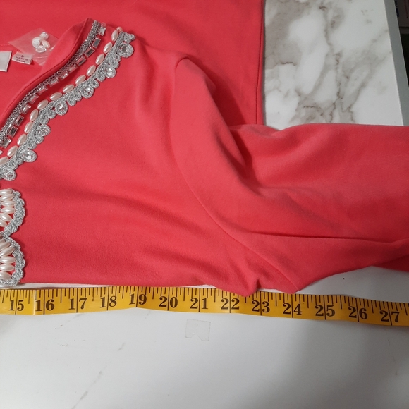 Quaker Factory Women's Top Coral White Silver Embellished Neckline 3/4 Sleeve L - Picture 9 of 10